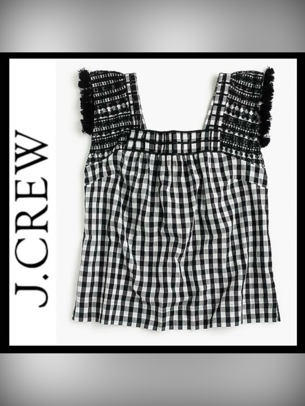 J. Crew Black and White Gingham PomPom Tassel Blouse